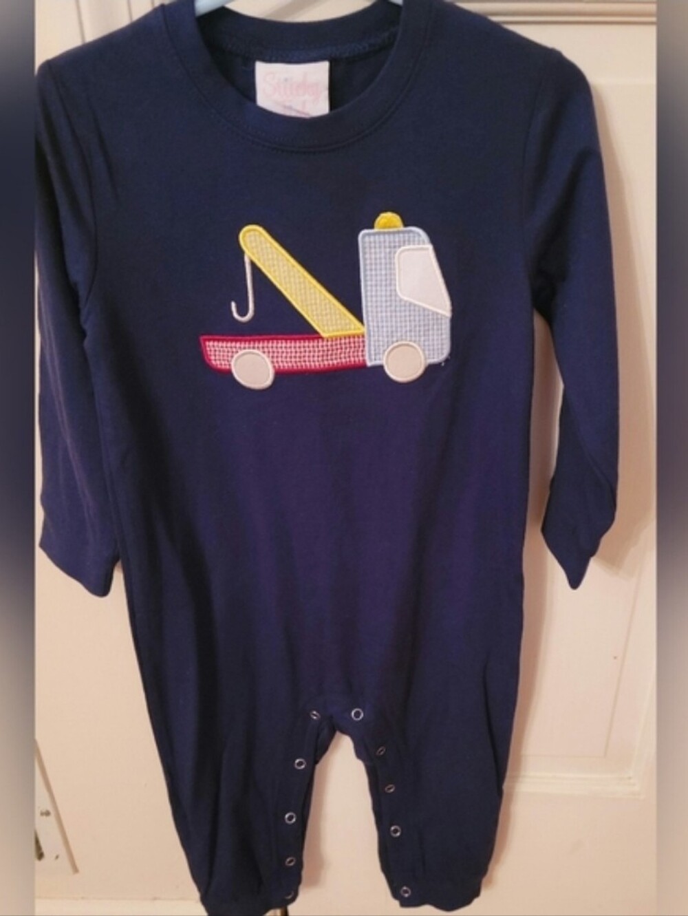 Sz 2 NWOT Navy Stitchy Fish Tow Truck Romper Long Sleeve
